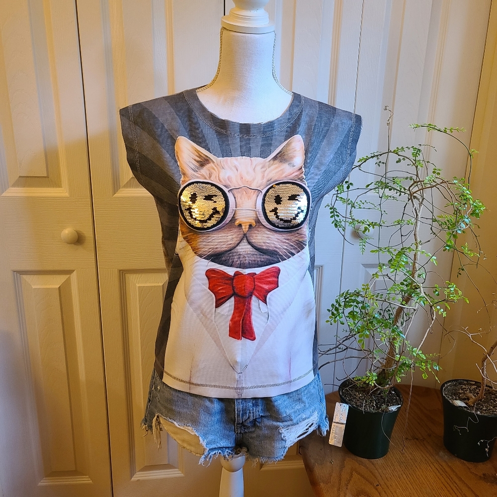 Womens Short Sleeve Sequined cat print